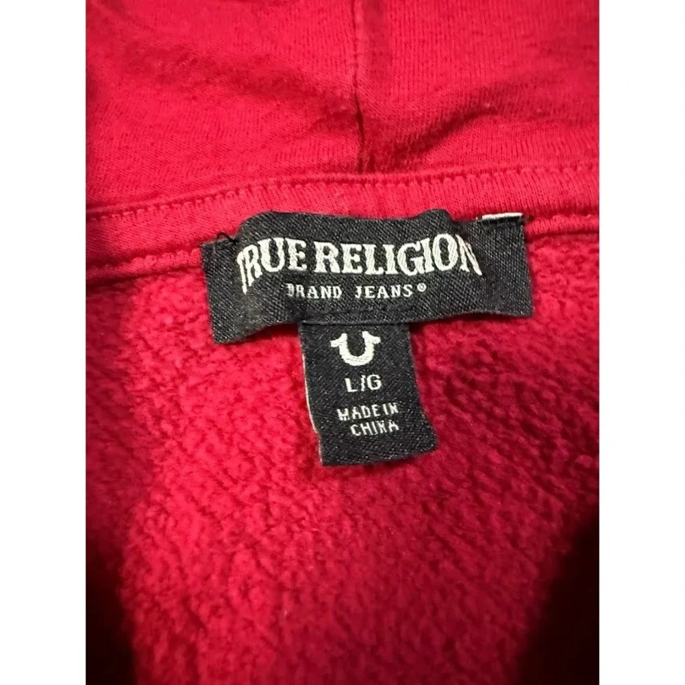 True Religion Mens Red‎ Full Zip Hoodie Horseshoe Logo Fleece Sweatshirt Large